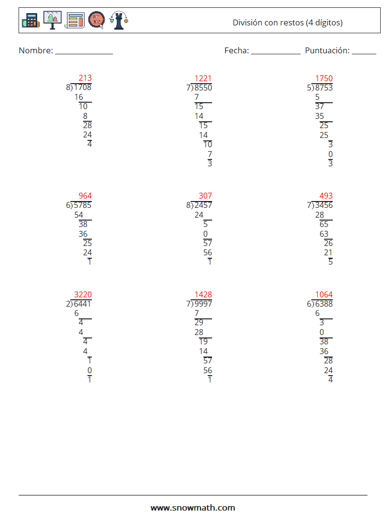 (9) División con restos (4 dígitos) Hojas de trabajo de matemáticas 16 Pregunta, respuesta