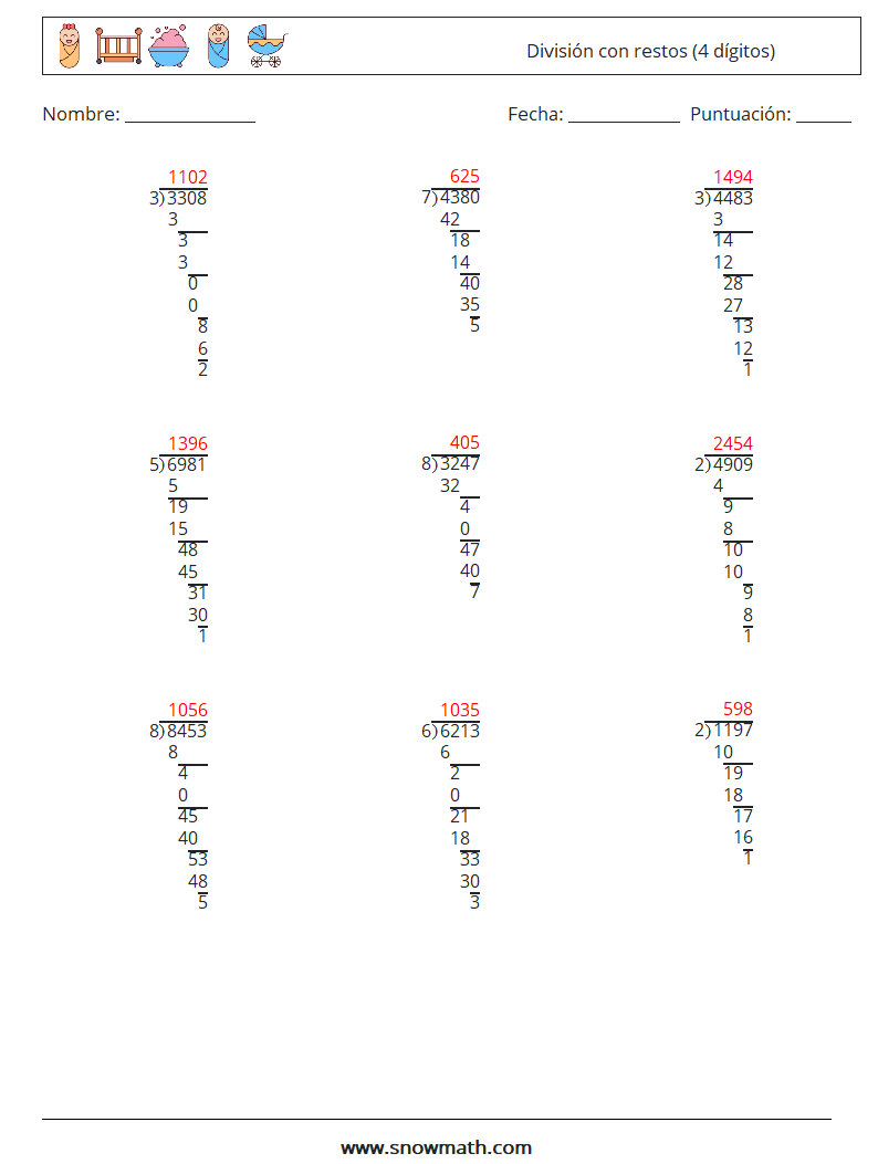 (9) División con restos (4 dígitos) Hojas de trabajo de matemáticas 18 Pregunta, respuesta