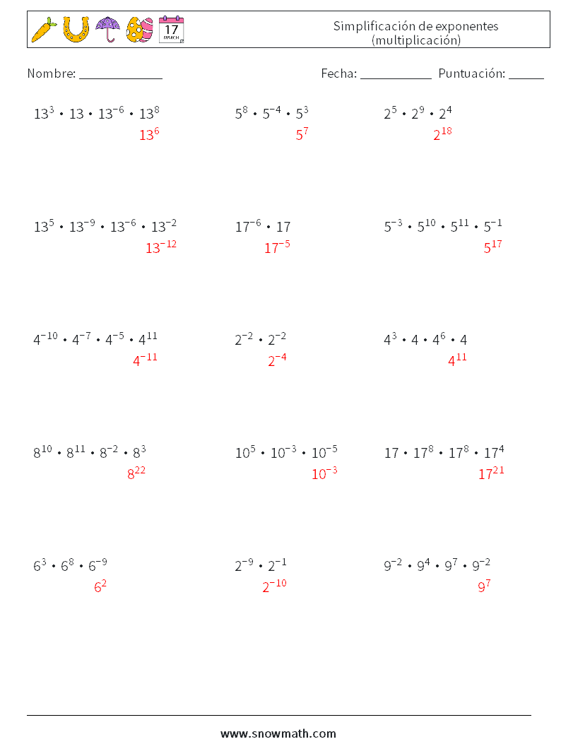 Simplificación de exponentes (multiplicación) Hojas de trabajo de matemáticas 4 Pregunta, respuesta