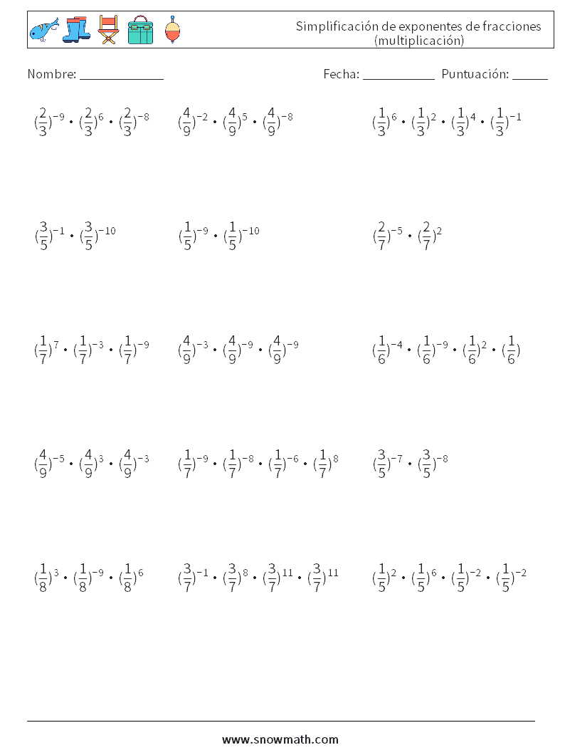 Simplificación de exponentes de fracciones (multiplicación) Hojas de trabajo de matemáticas 9