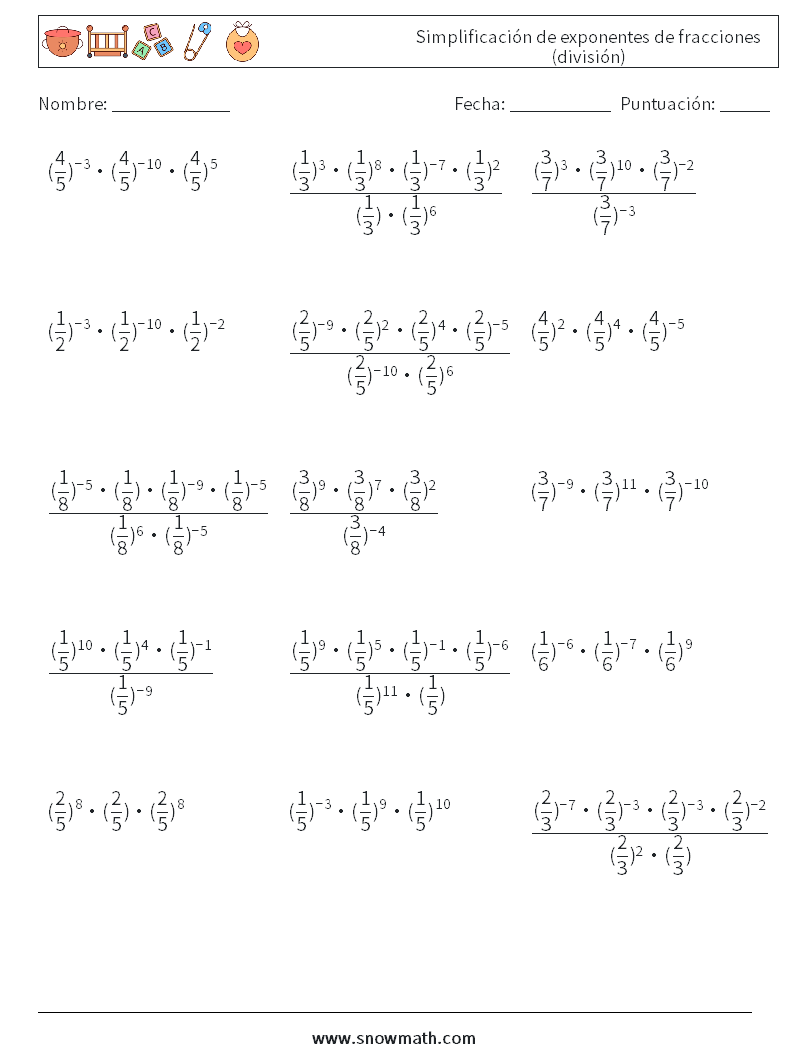Simplificación de exponentes de fracciones (división) Hojas de trabajo de matemáticas 6