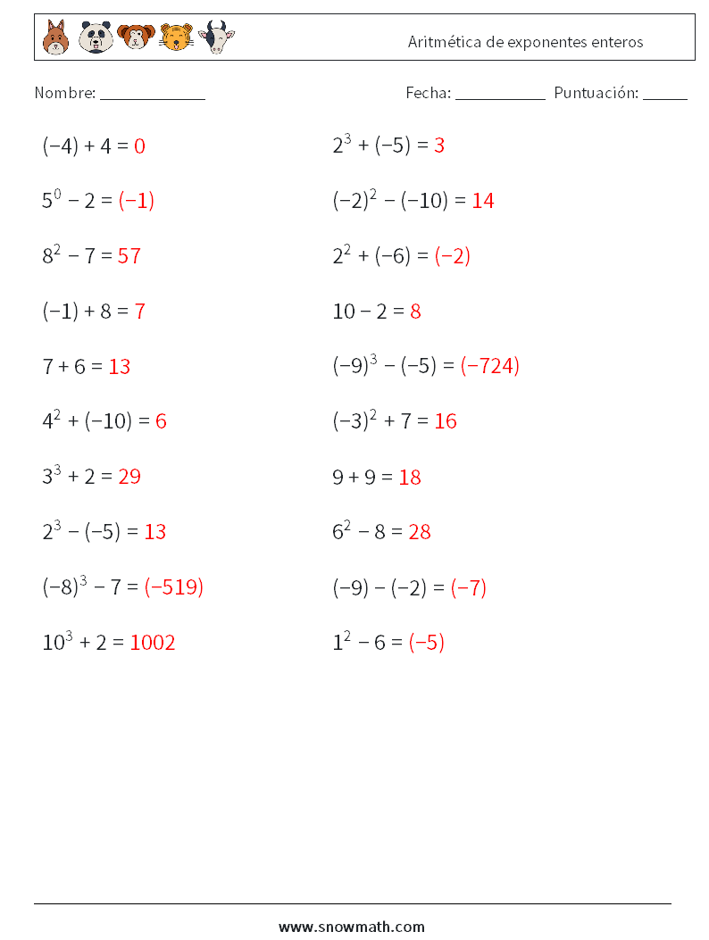 Aritmética de exponentes enteros Hojas de trabajo de matemáticas 1 Pregunta, respuesta