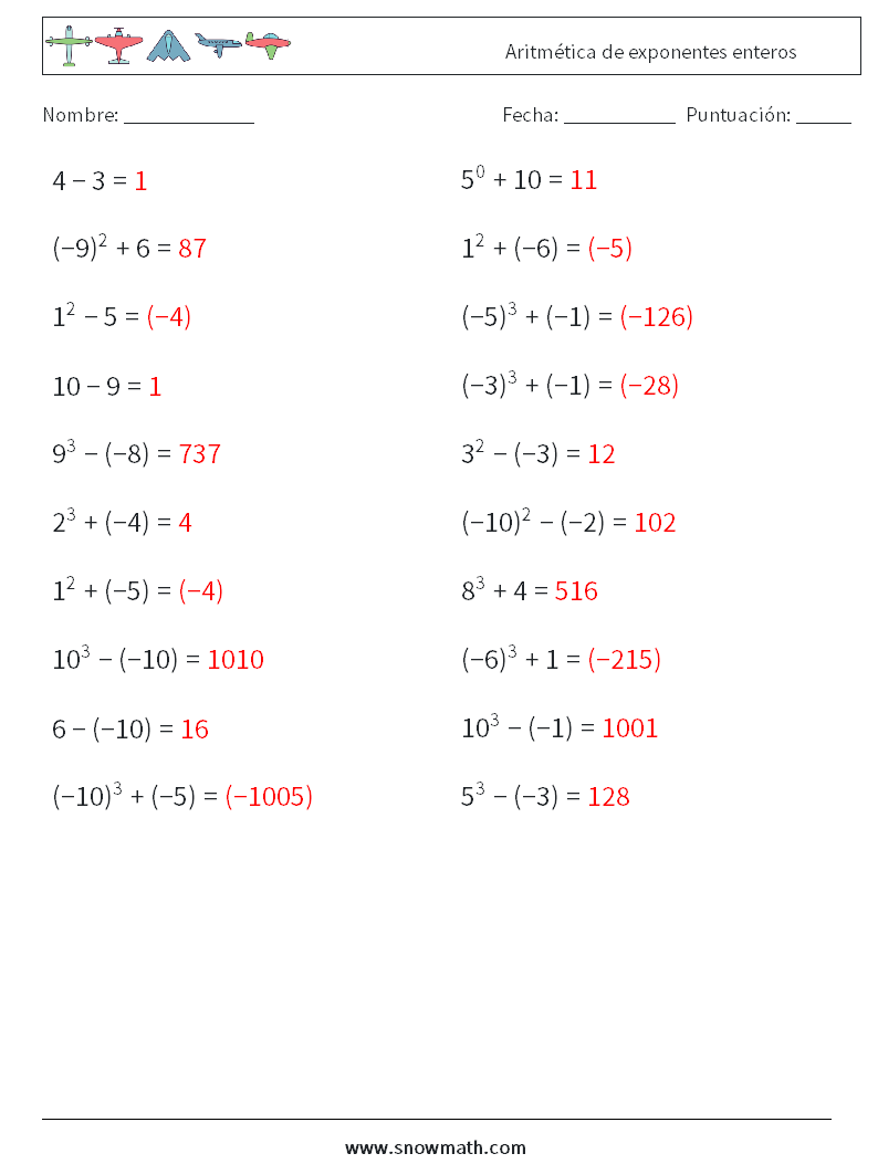 Aritmética de exponentes enteros Hojas de trabajo de matemáticas 4 Pregunta, respuesta