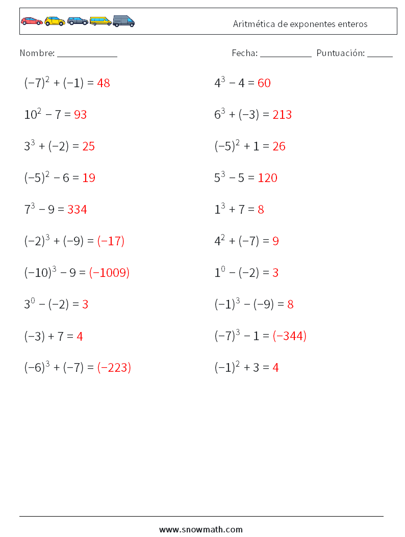 Aritmética de exponentes enteros Hojas de trabajo de matemáticas 5 Pregunta, respuesta