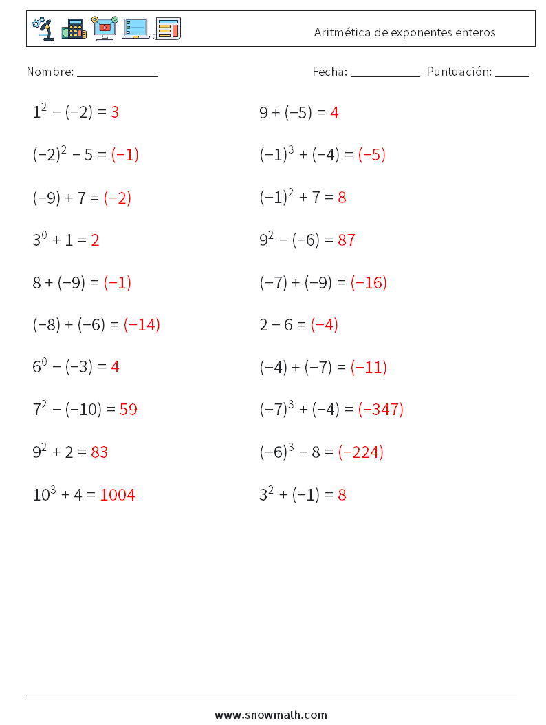 Aritmética de exponentes enteros Hojas de trabajo de matemáticas 8 Pregunta, respuesta