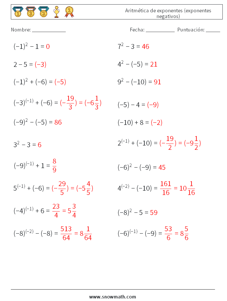  Aritmética de exponentes (exponentes negativos) Hojas de trabajo de matemáticas 1 Pregunta, respuesta
