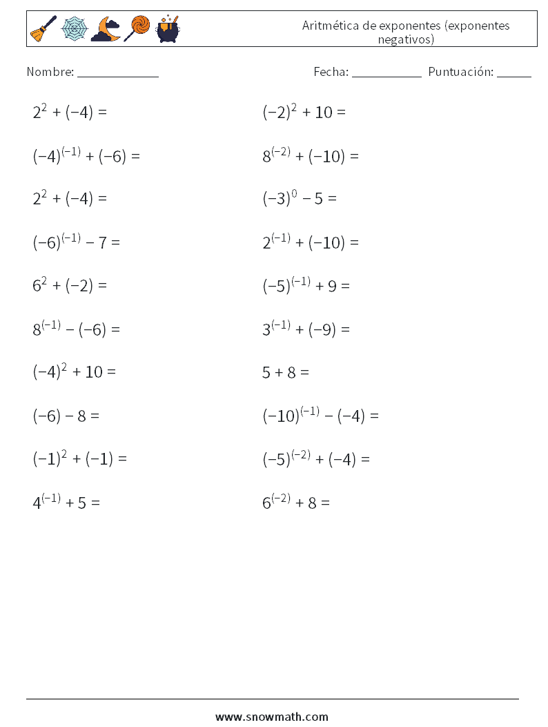  Aritmética de exponentes (exponentes negativos) Hojas de trabajo de matemáticas 2