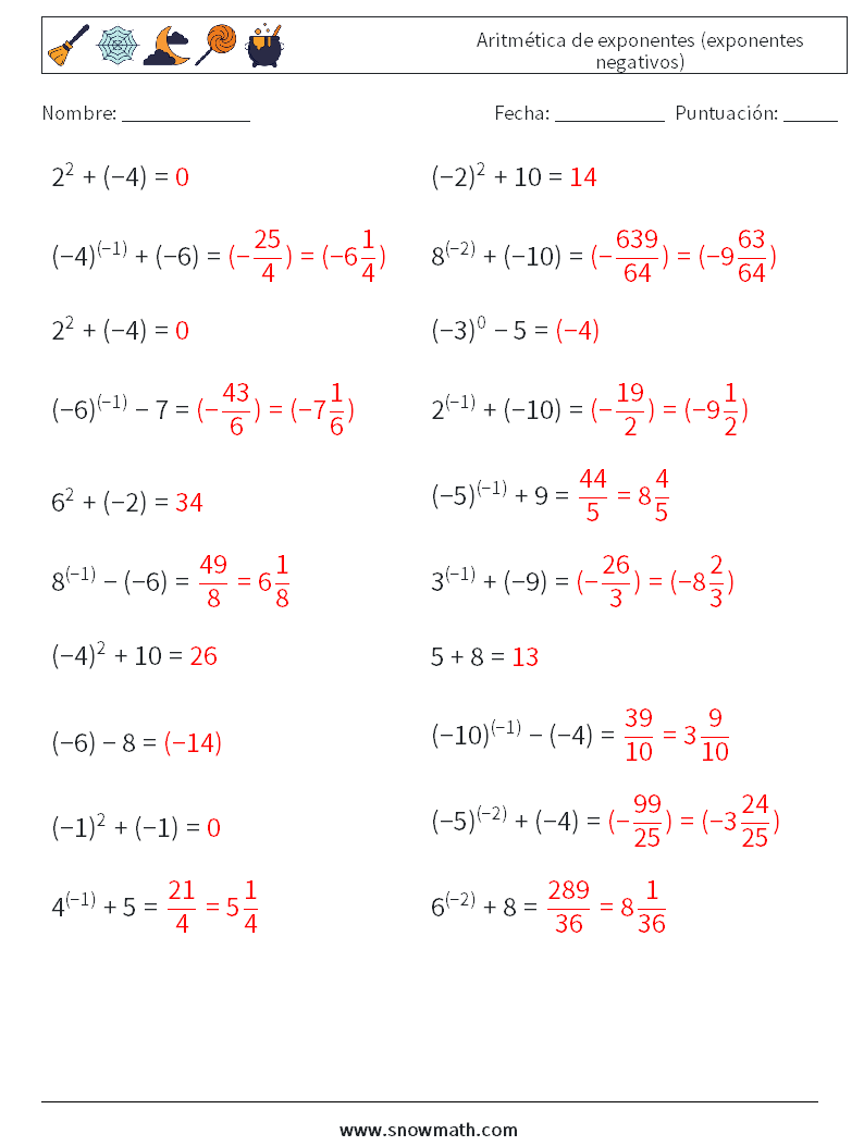  Aritmética de exponentes (exponentes negativos) Hojas de trabajo de matemáticas 2 Pregunta, respuesta