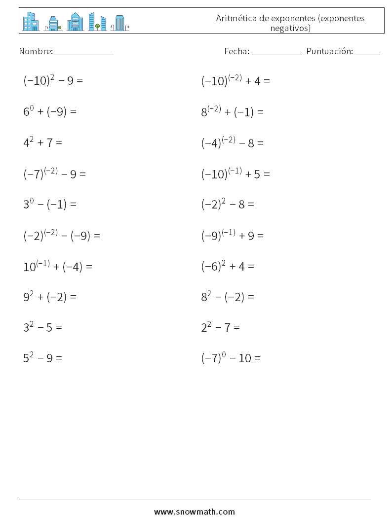  Aritmética de exponentes (exponentes negativos) Hojas de trabajo de matemáticas 3