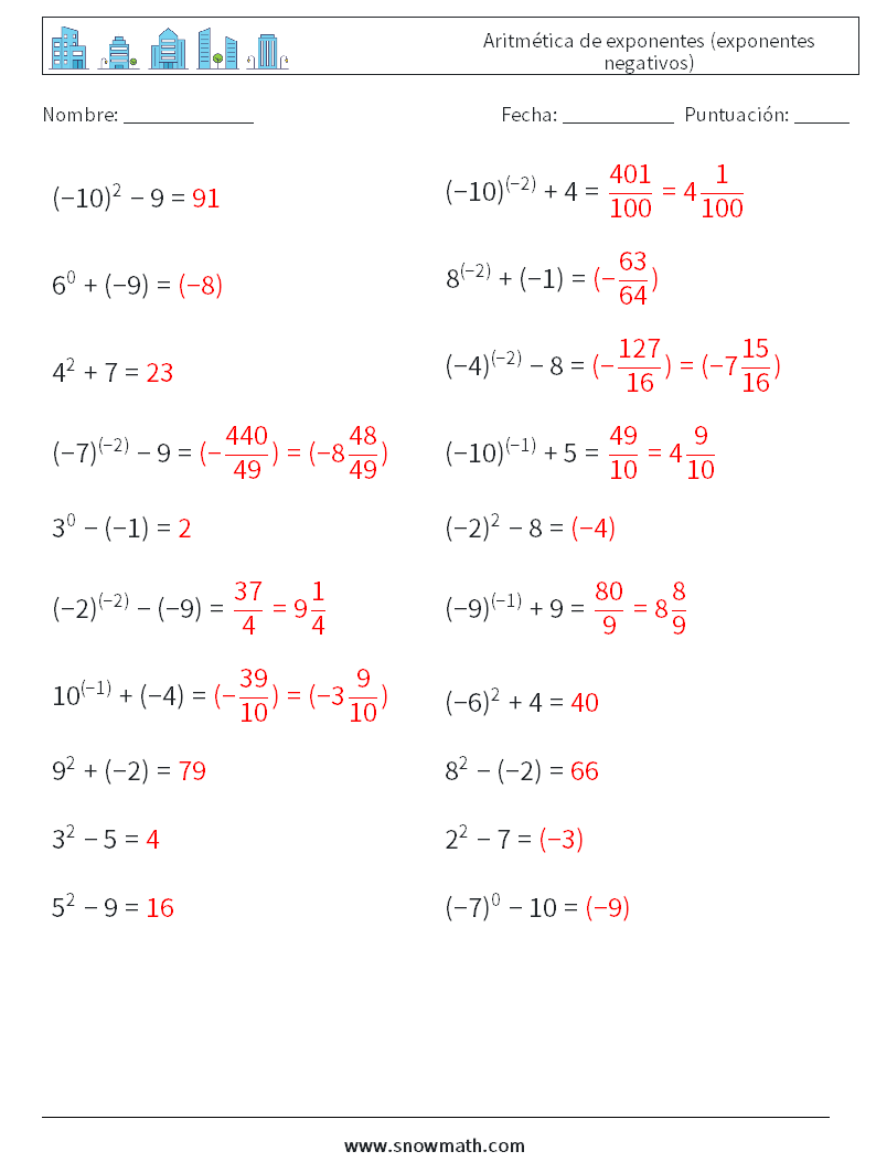  Aritmética de exponentes (exponentes negativos) Hojas de trabajo de matemáticas 3 Pregunta, respuesta