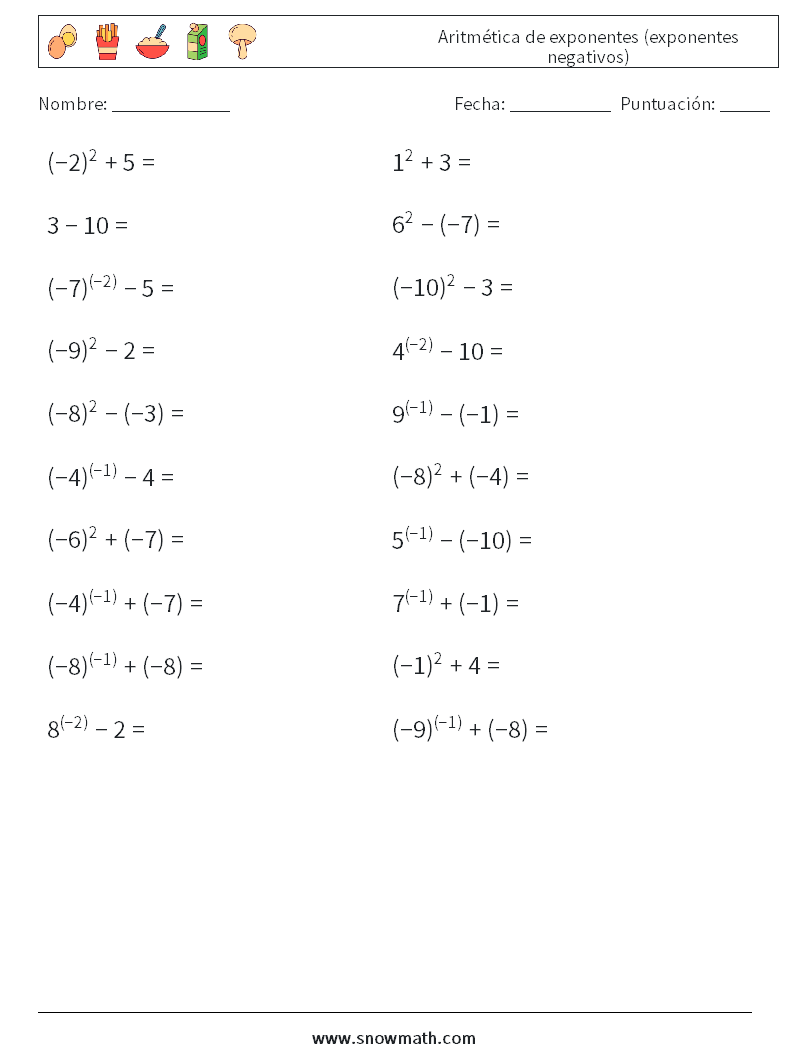  Aritmética de exponentes (exponentes negativos) Hojas de trabajo de matemáticas 4