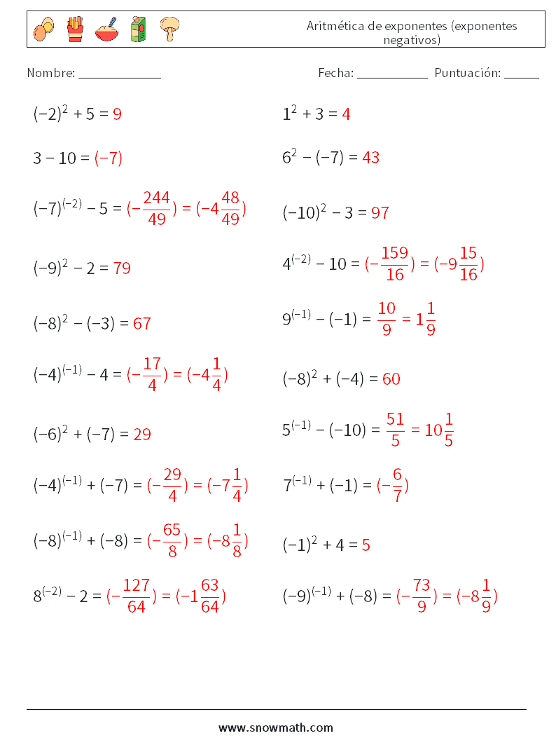  Aritmética de exponentes (exponentes negativos) Hojas de trabajo de matemáticas 4 Pregunta, respuesta