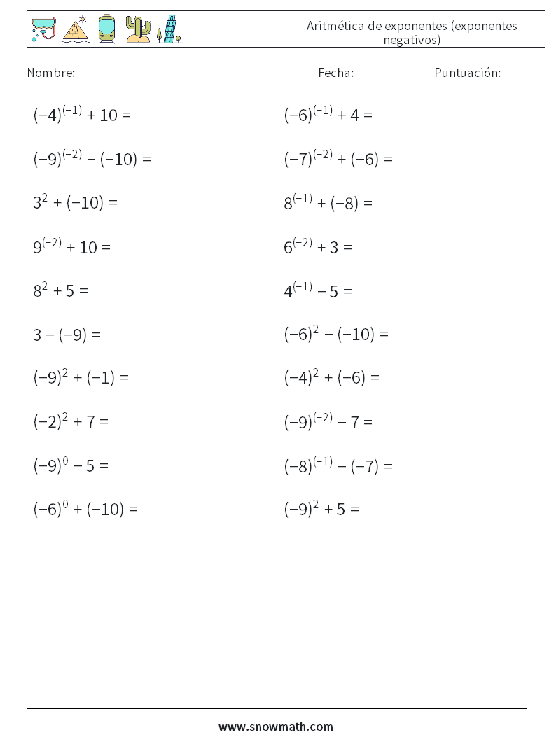  Aritmética de exponentes (exponentes negativos) Hojas de trabajo de matemáticas 5