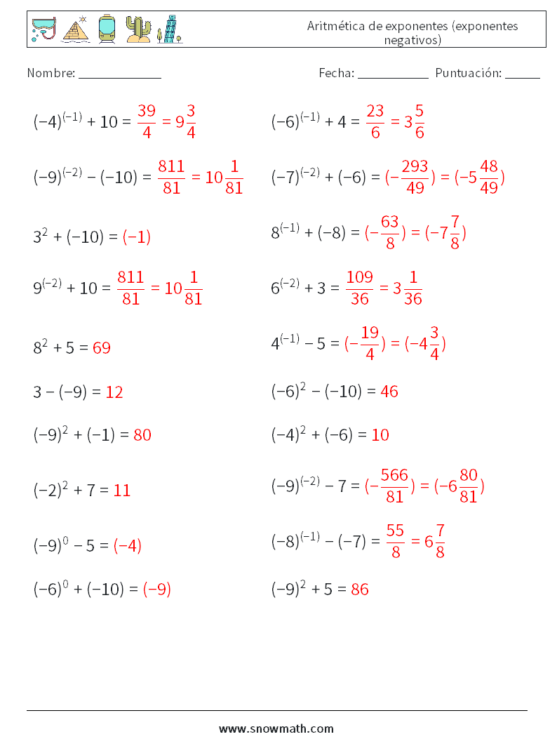  Aritmética de exponentes (exponentes negativos) Hojas de trabajo de matemáticas 5 Pregunta, respuesta