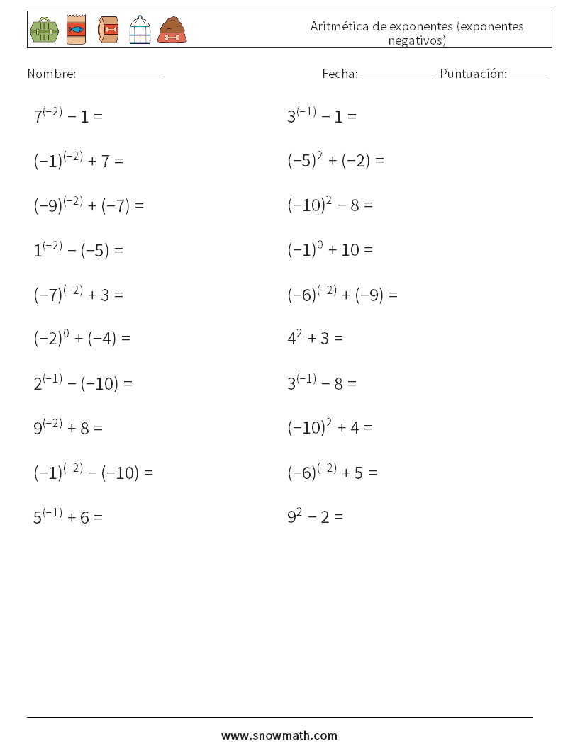  Aritmética de exponentes (exponentes negativos) Hojas de trabajo de matemáticas 6