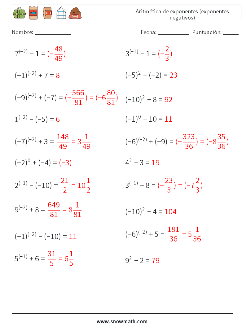  Aritmética de exponentes (exponentes negativos) Hojas de trabajo de matemáticas 6 Pregunta, respuesta