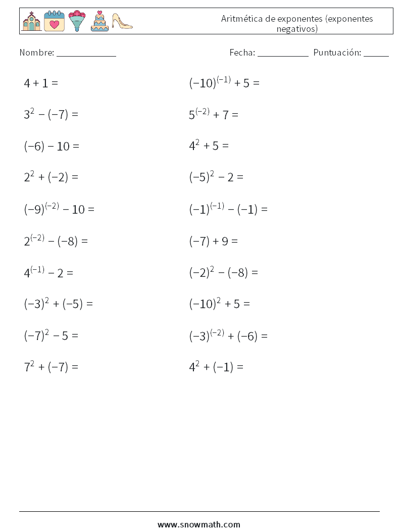  Aritmética de exponentes (exponentes negativos) Hojas de trabajo de matemáticas 7