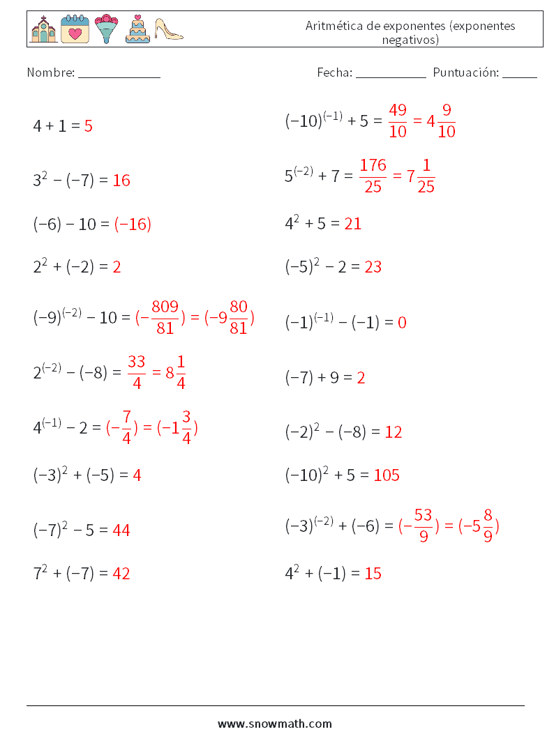  Aritmética de exponentes (exponentes negativos) Hojas de trabajo de matemáticas 7 Pregunta, respuesta