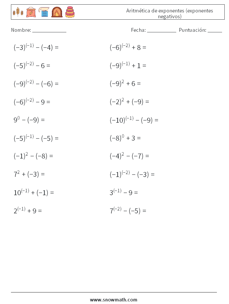  Aritmética de exponentes (exponentes negativos) Hojas de trabajo de matemáticas 8