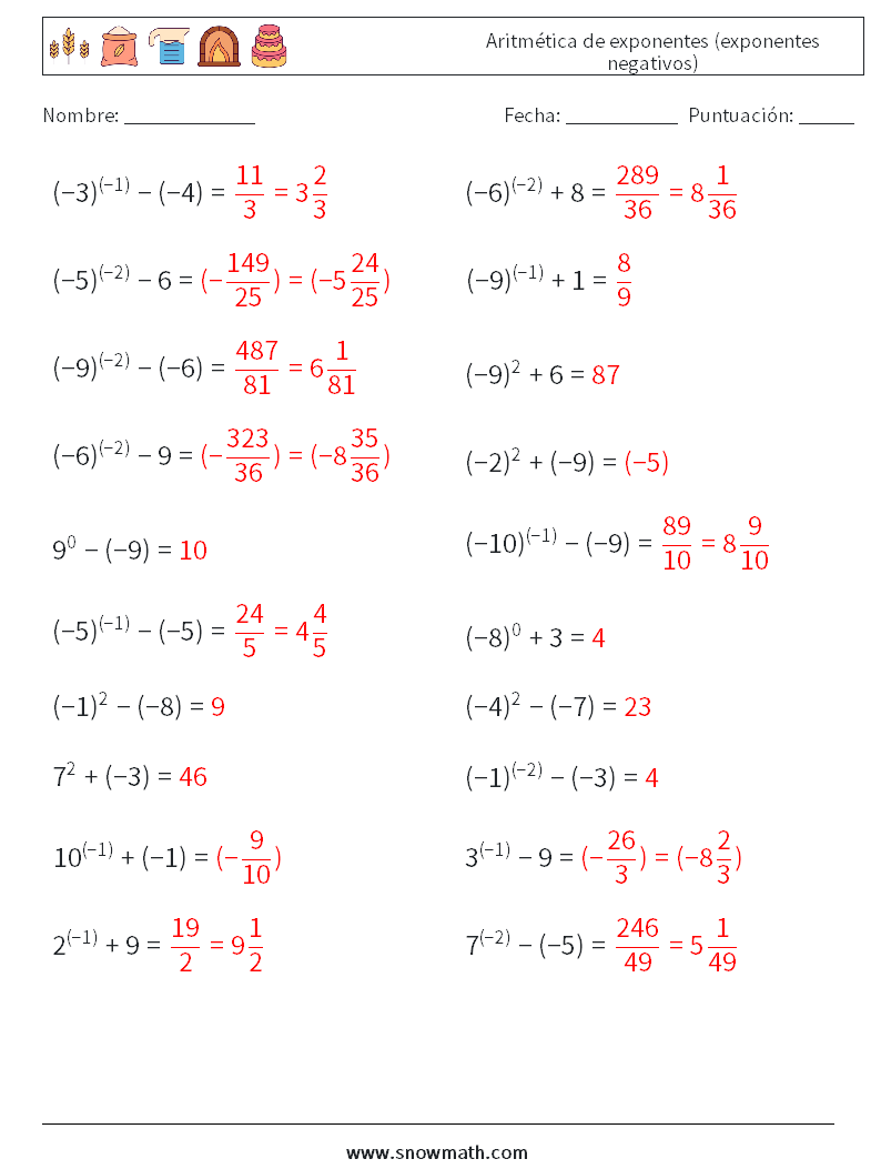  Aritmética de exponentes (exponentes negativos) Hojas de trabajo de matemáticas 8 Pregunta, respuesta