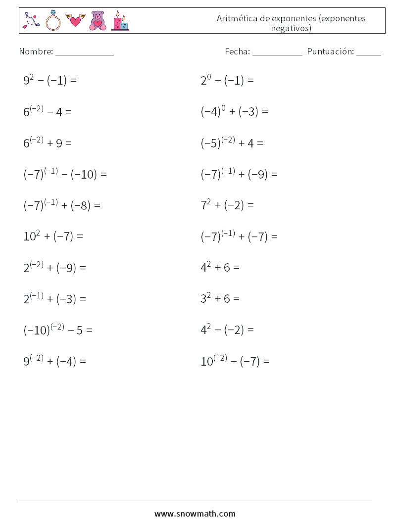  Aritmética de exponentes (exponentes negativos) Hojas de trabajo de matemáticas 9