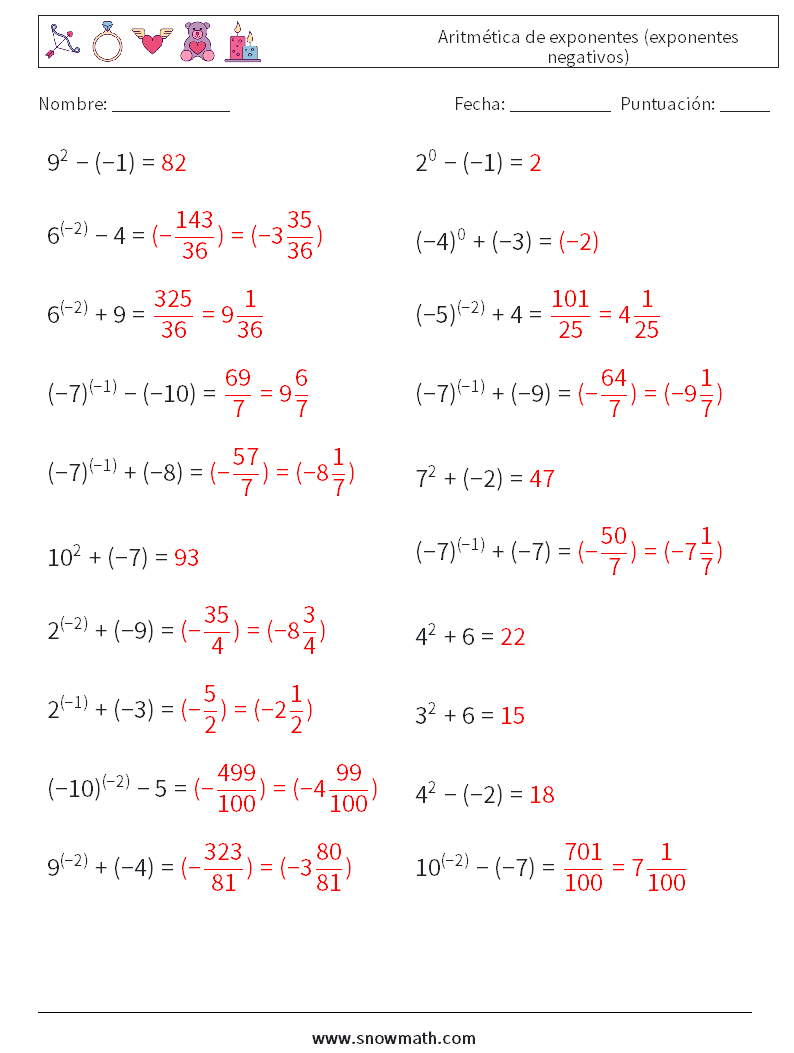  Aritmética de exponentes (exponentes negativos) Hojas de trabajo de matemáticas 9 Pregunta, respuesta