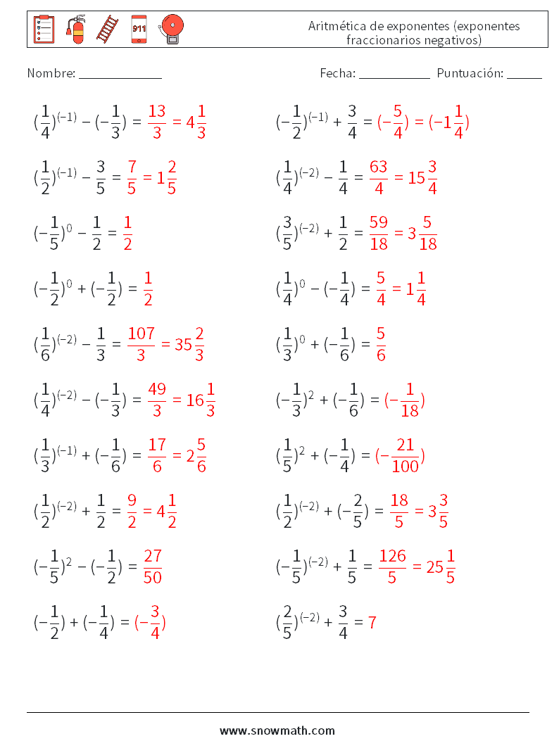  Aritmética de exponentes (exponentes fraccionarios negativos) Hojas de trabajo de matemáticas 2 Pregunta, respuesta