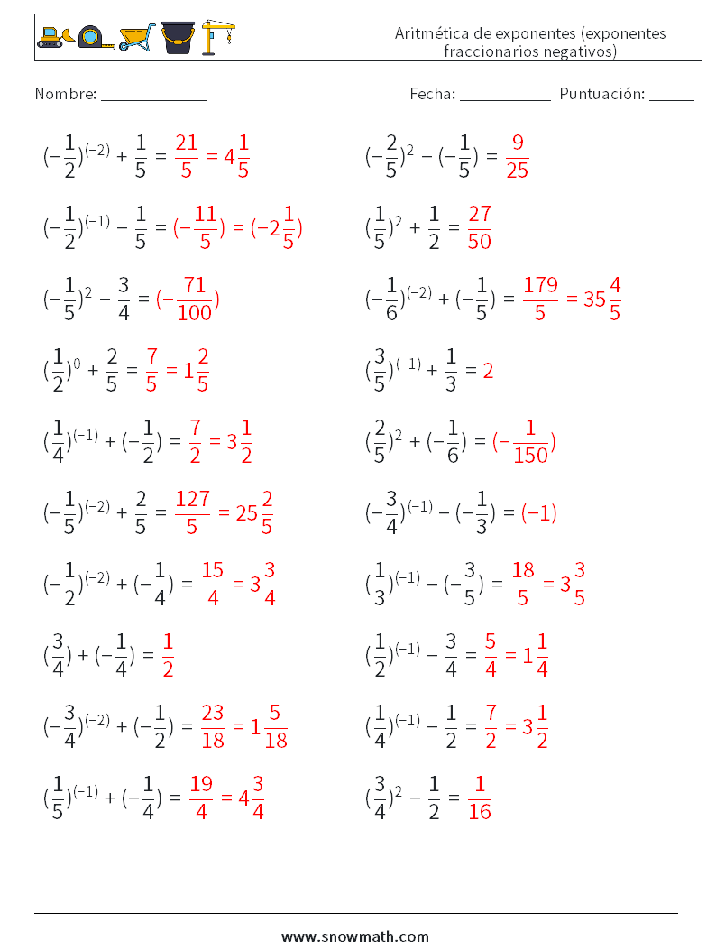  Aritmética de exponentes (exponentes fraccionarios negativos) Hojas de trabajo de matemáticas 7 Pregunta, respuesta