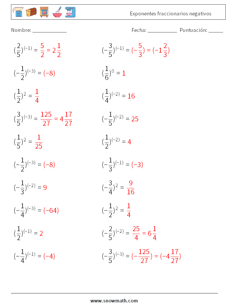 Exponentes fraccionarios negativos Hojas de trabajo de matemáticas 2 Pregunta, respuesta