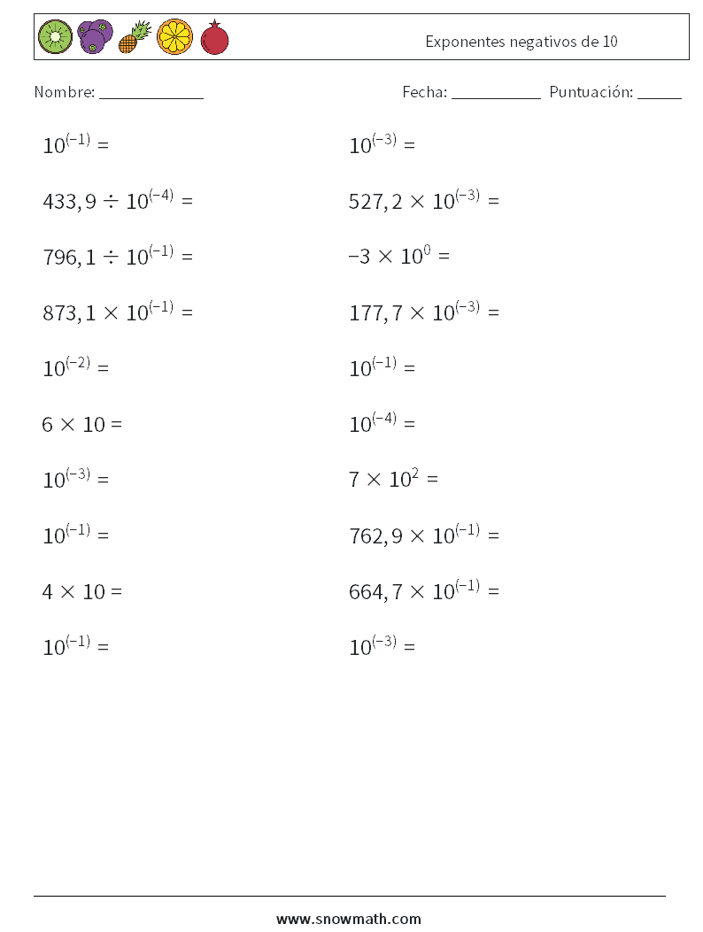 Exponentes negativos de 10 Hojas de trabajo de matemáticas 6