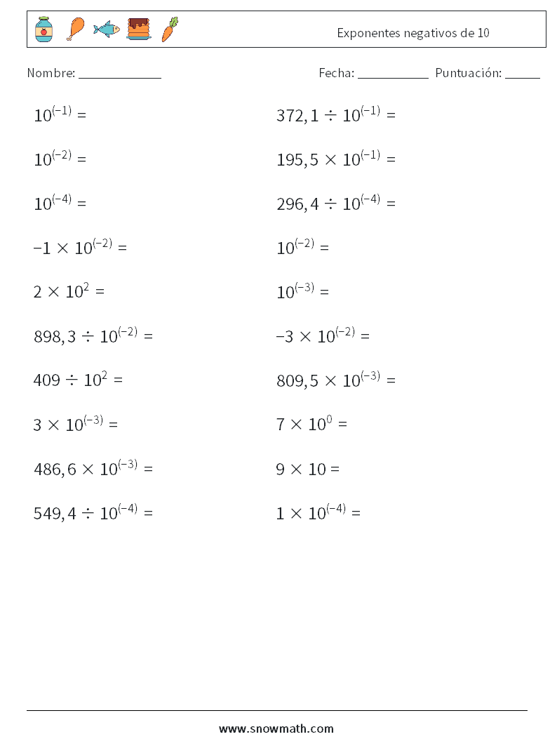 Exponentes negativos de 10 Hojas de trabajo de matemáticas 8