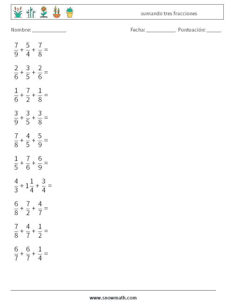 (10) sumando tres fracciones Hojas de trabajo de matemáticas 10