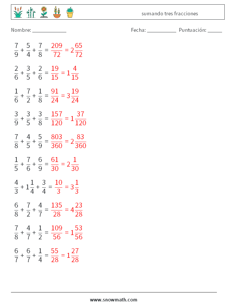 (10) sumando tres fracciones Hojas de trabajo de matemáticas 10 Pregunta, respuesta