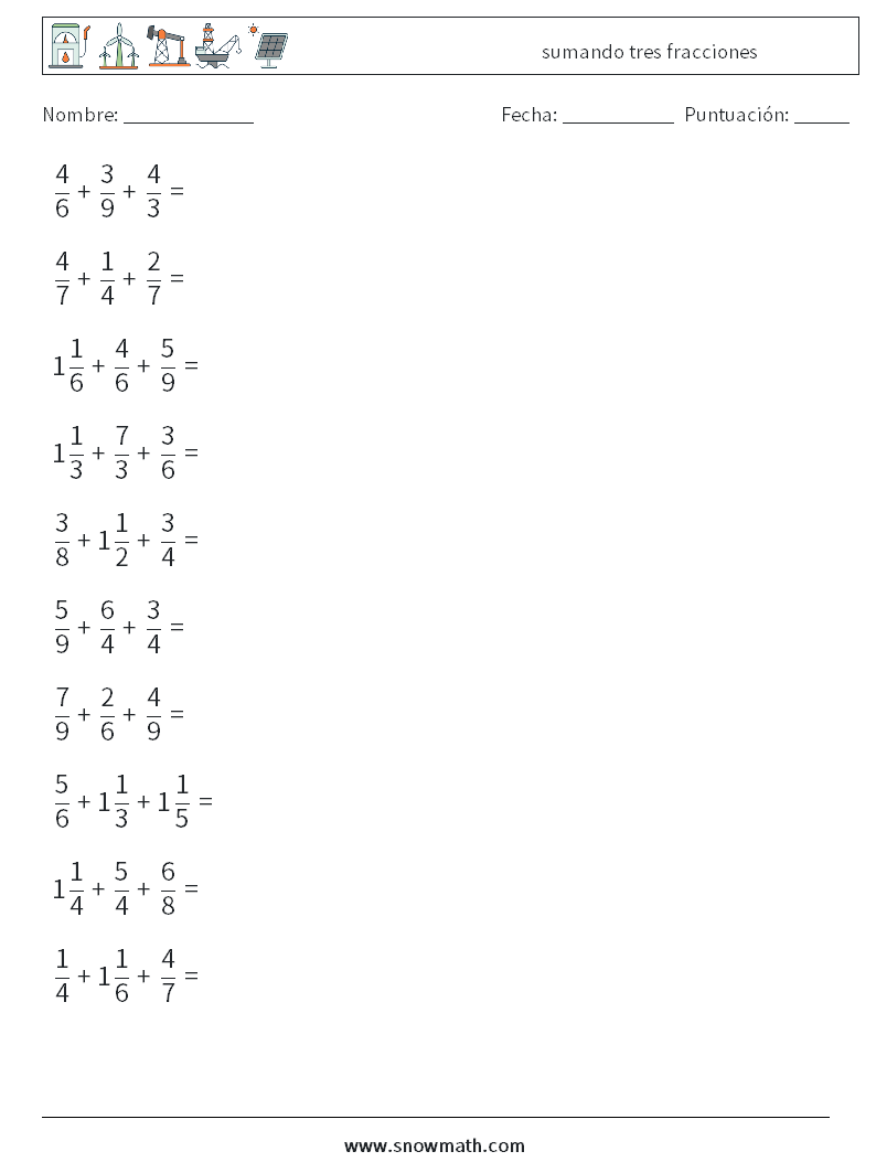 (10) sumando tres fracciones Hojas de trabajo de matemáticas 11