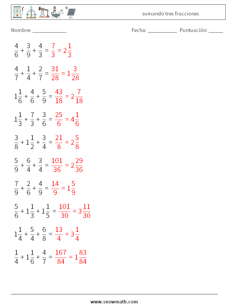 (10) sumando tres fracciones Hojas de trabajo de matemáticas 11 Pregunta, respuesta