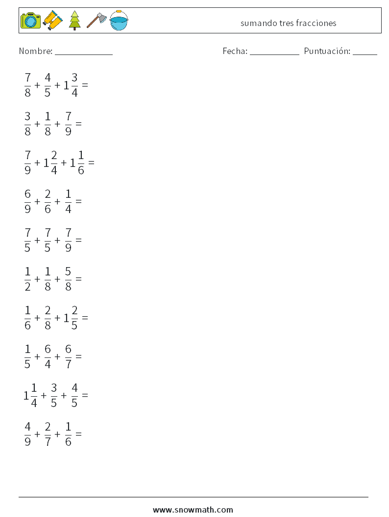 (10) sumando tres fracciones Hojas de trabajo de matemáticas 12