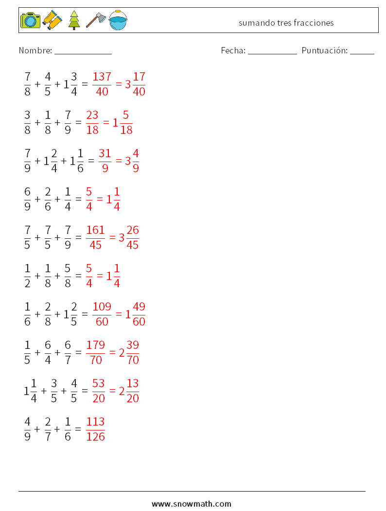 (10) sumando tres fracciones Hojas de trabajo de matemáticas 12 Pregunta, respuesta