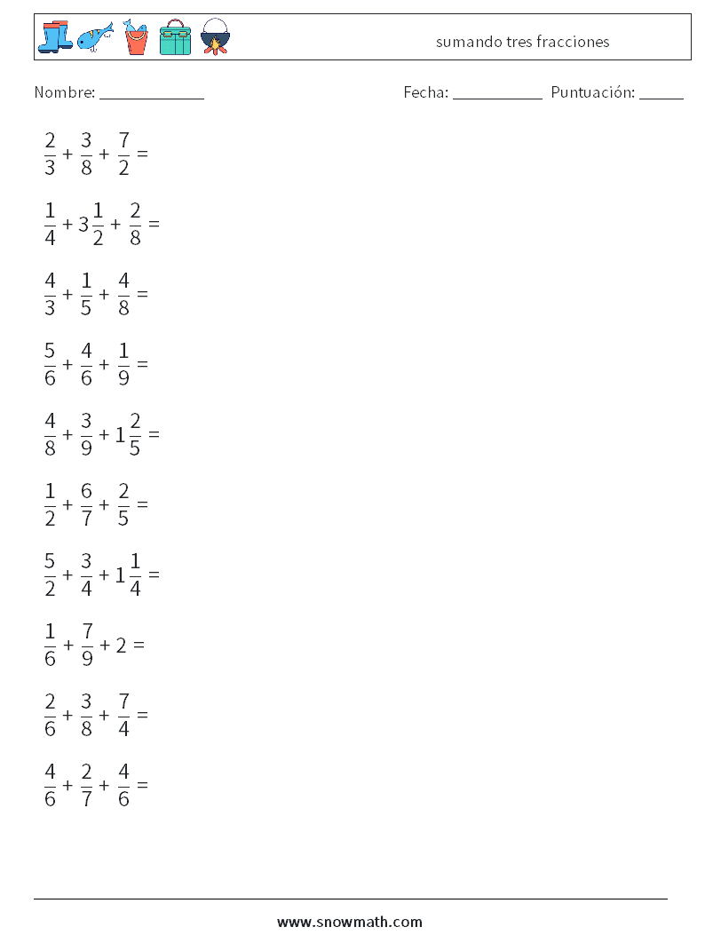(10) sumando tres fracciones Hojas de trabajo de matemáticas 13