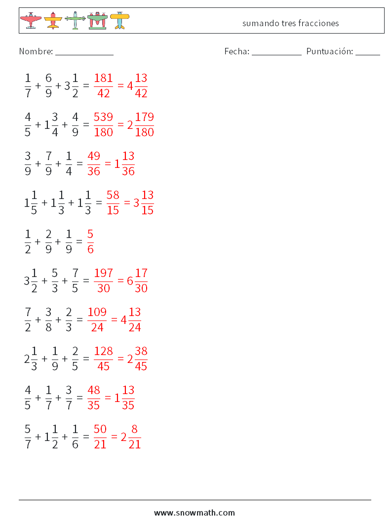 (10) sumando tres fracciones Hojas de trabajo de matemáticas 14 Pregunta, respuesta