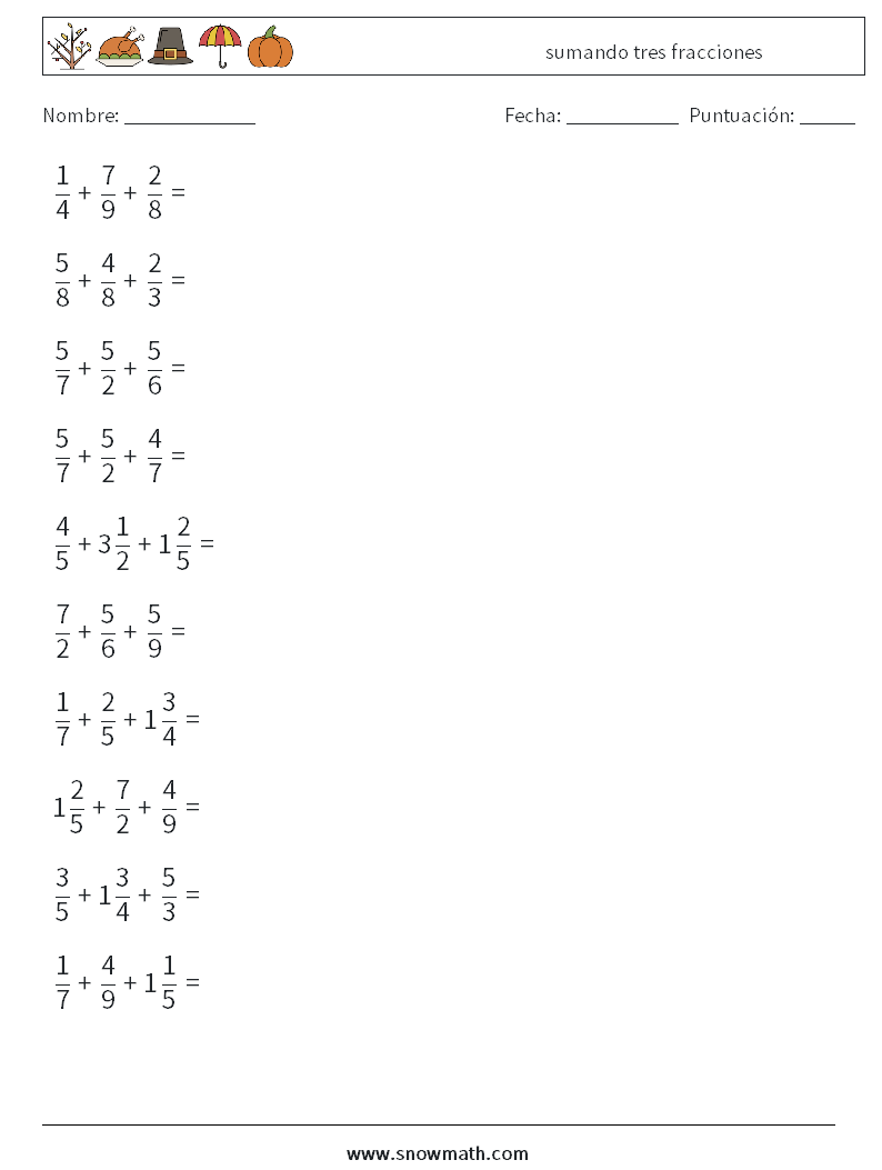 (10) sumando tres fracciones Hojas de trabajo de matemáticas 15