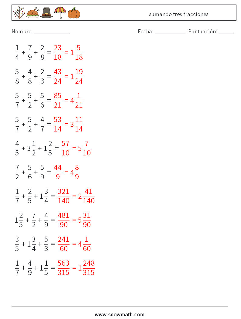 (10) sumando tres fracciones Hojas de trabajo de matemáticas 15 Pregunta, respuesta