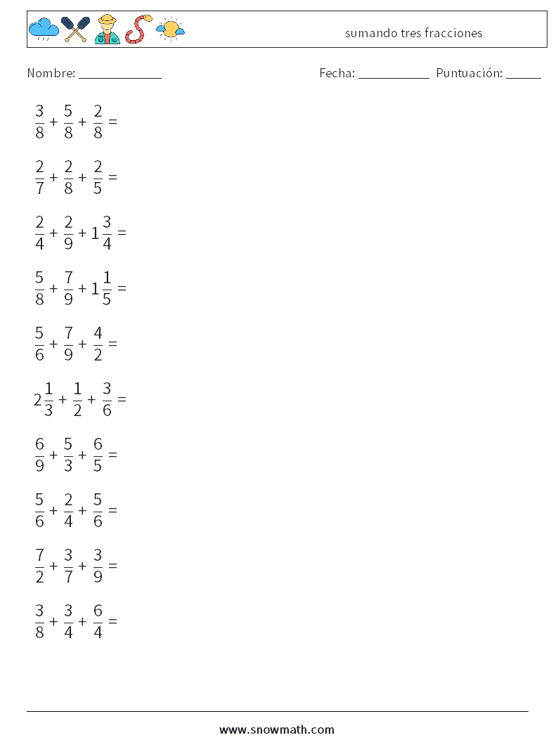 (10) sumando tres fracciones Hojas de trabajo de matemáticas 16