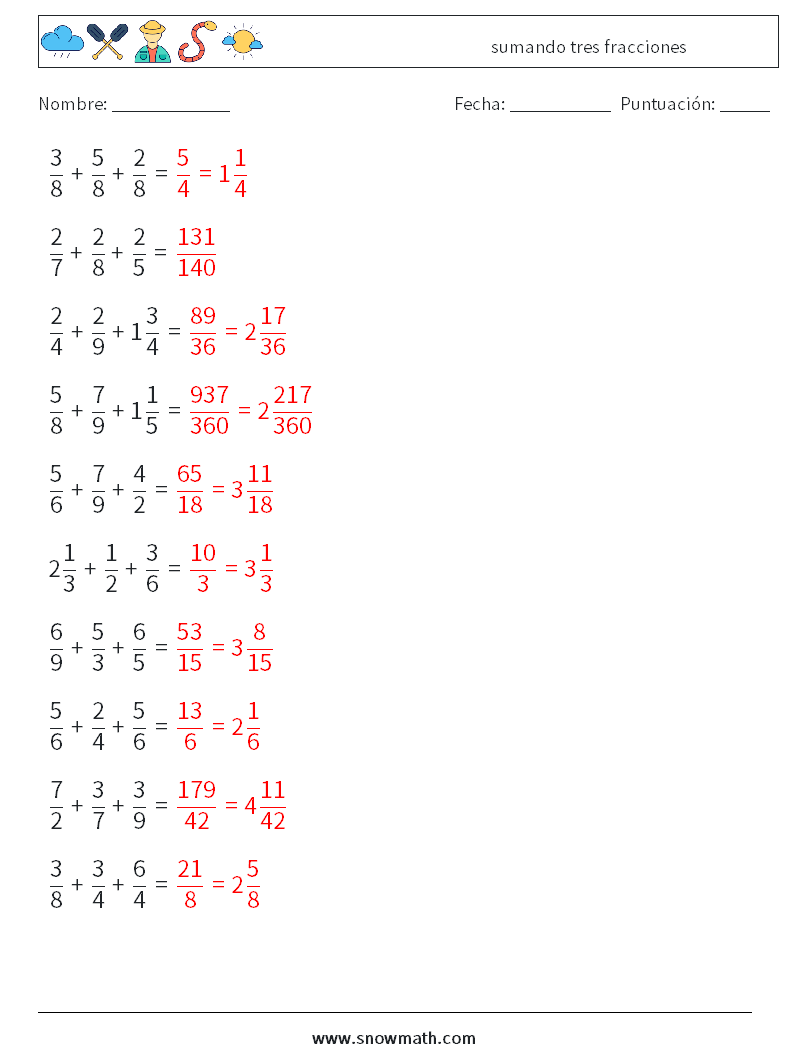 (10) sumando tres fracciones Hojas de trabajo de matemáticas 16 Pregunta, respuesta