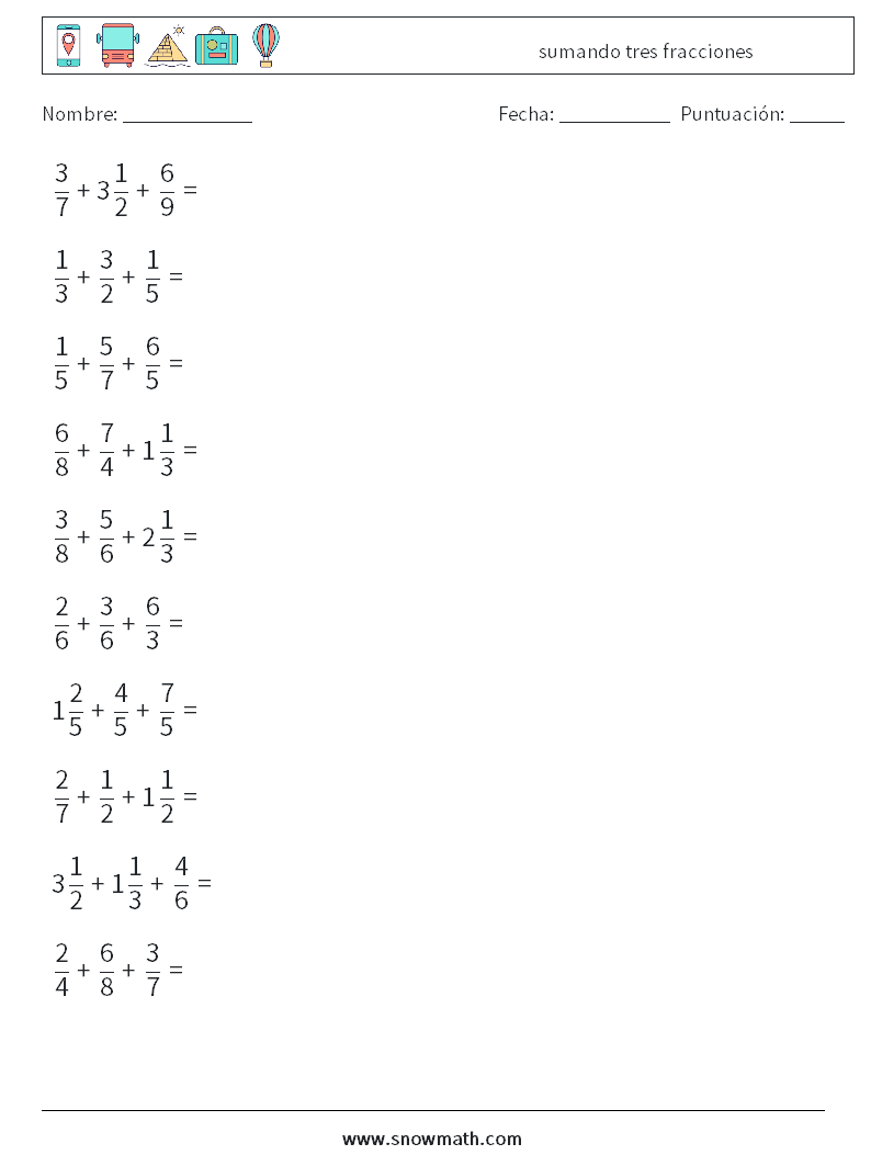 (10) sumando tres fracciones Hojas de trabajo de matemáticas 17