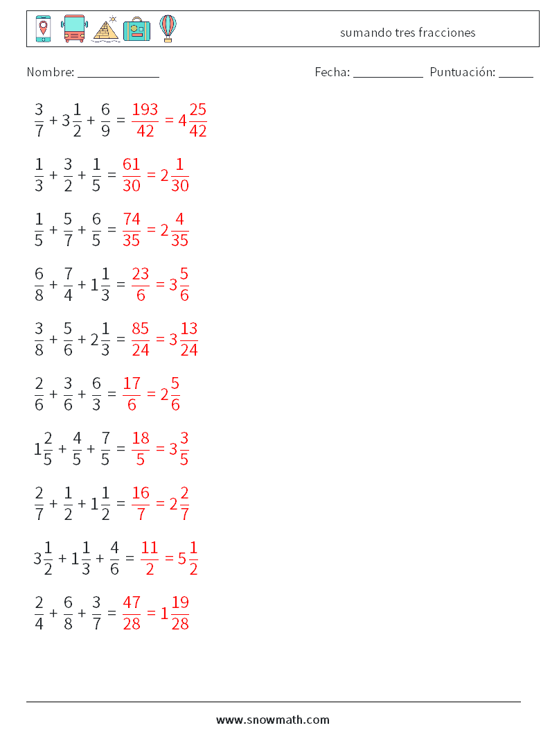 (10) sumando tres fracciones Hojas de trabajo de matemáticas 17 Pregunta, respuesta
