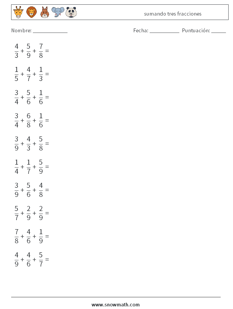 (10) sumando tres fracciones Hojas de trabajo de matemáticas 18