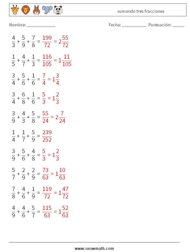 (10) sumando tres fracciones Hojas de trabajo de matemáticas 18 Pregunta, respuesta