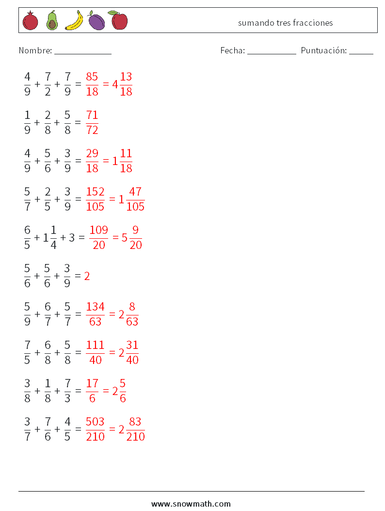 (10) sumando tres fracciones Hojas de trabajo de matemáticas 1 Pregunta, respuesta