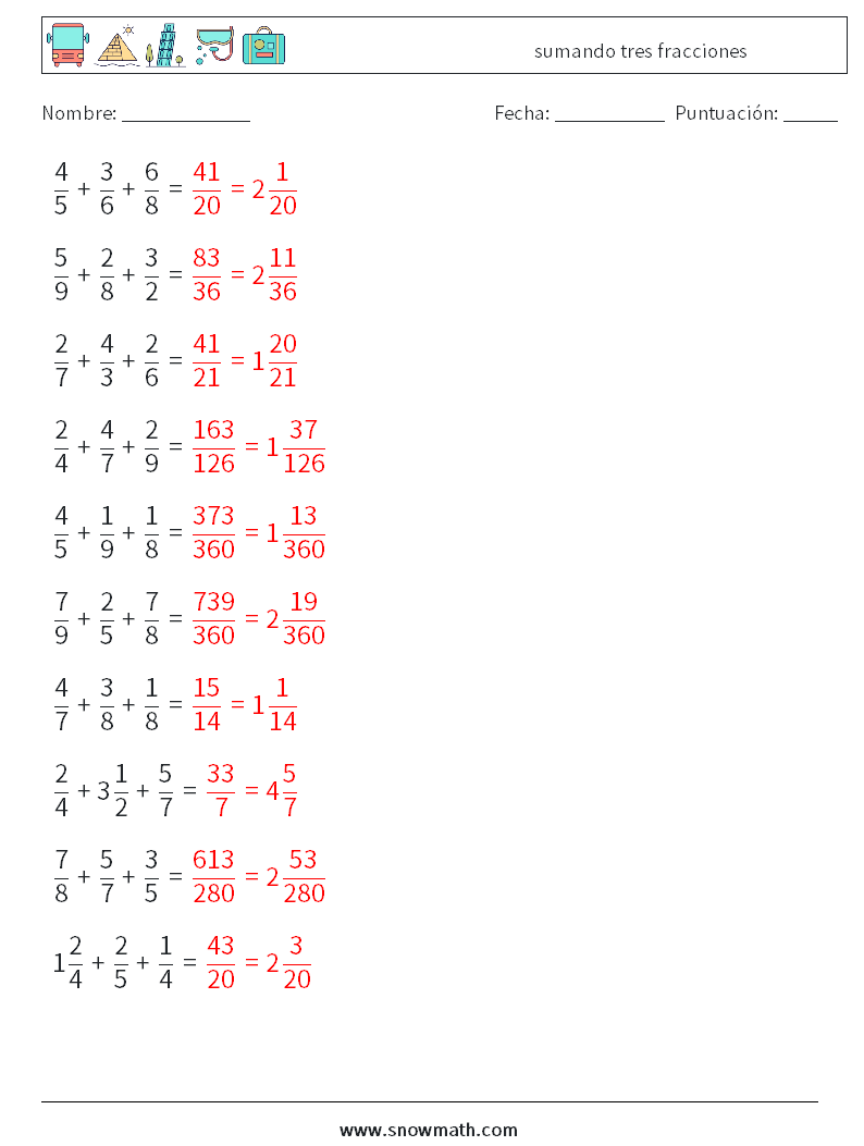 (10) sumando tres fracciones Hojas de trabajo de matemáticas 2 Pregunta, respuesta