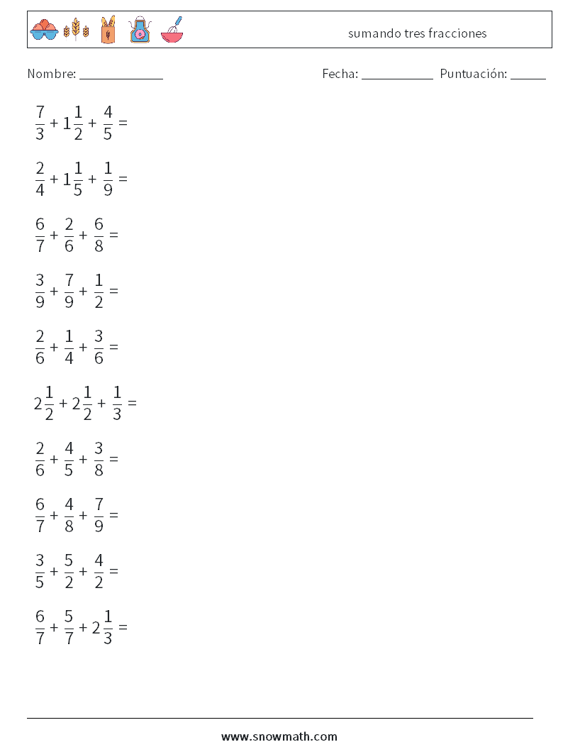 (10) sumando tres fracciones Hojas de trabajo de matemáticas 3